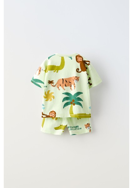 Erkek Çocuk Pamuklu Açık Yeşil Safari Temalı Hayvan Baskılı Yazlık T-Shirt ve Şort Takım fiyatları
