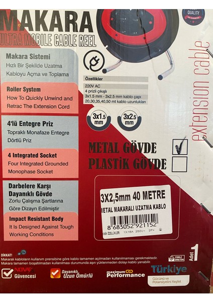 Metal Makaralı Seyyar 4 Prizli Uzatma Kablosu 3x2.5 mm Ttr Kablo 20 Metre Termal Sigorta