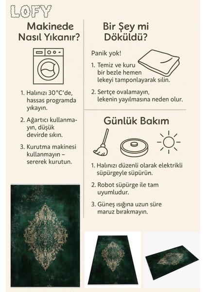 Zümrüt Yeşili Vintage Halı – Eskitme Altın Motifli | Kaymaz Taban | Lüks Görünümlü Salon Halısı