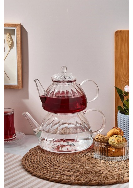 Şeffaf cam çaydanlık ve demlik seti, 1500ml suluk, 600ml demlik, dayanıklı ve şık
