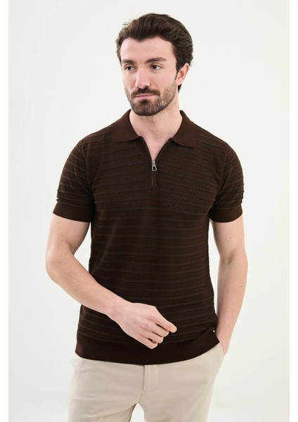 Desenli Slim Fit Fermuarlı Polo Yaka Erkek Triko T-Shirt 11536 indirimleri