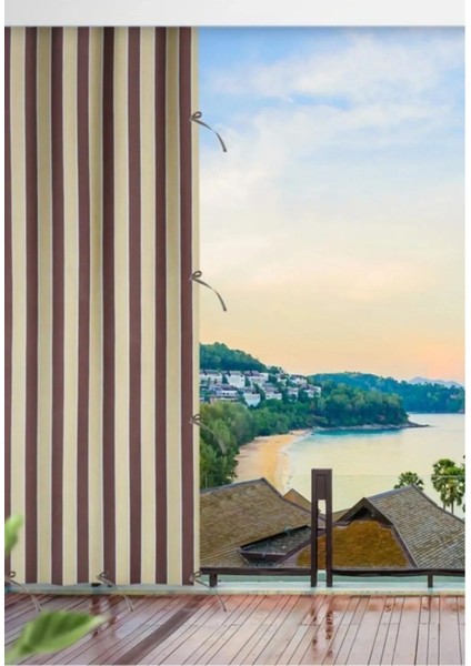 Kalın Düğmeli Kornişli Bağcıklı 1. Sınıf Balkon Perdesi Isı-Işık Geçirmez Kahve-Krem