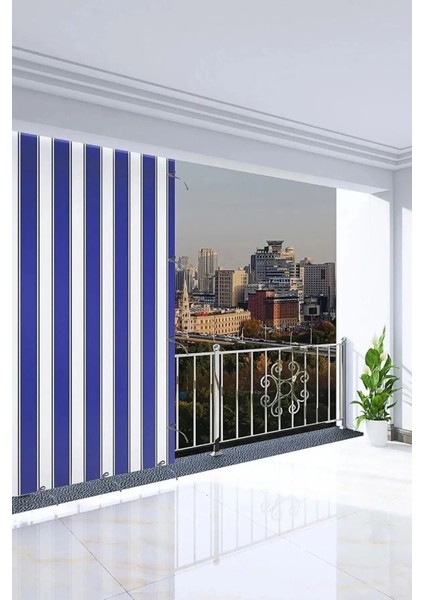 Kalın Düğmeli Kornişli Bağcıklı 1. Sınıf Balkon Perdesi Isı-Işık Geçirmez Mavi-Beyaz