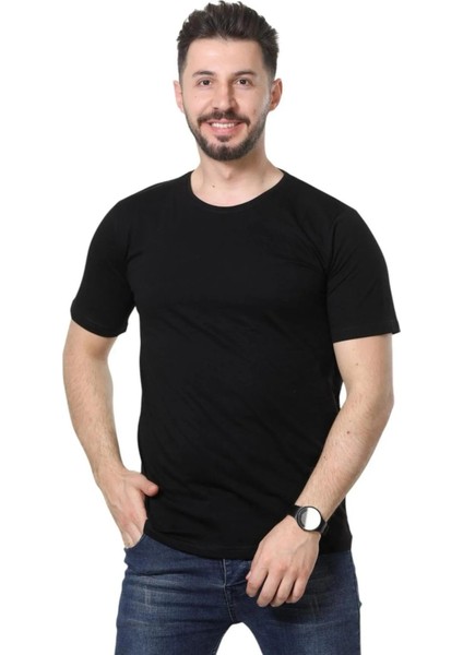 Slim Fit Bisiklet Yaka Siyah Basic Düz Kısa Kollu Tişört