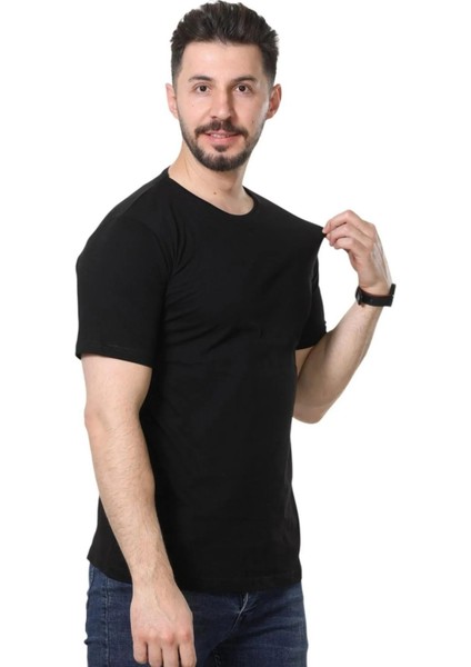 Slim Fit Bisiklet Yaka Siyah Basic Düz Kısa Kollu Tişört