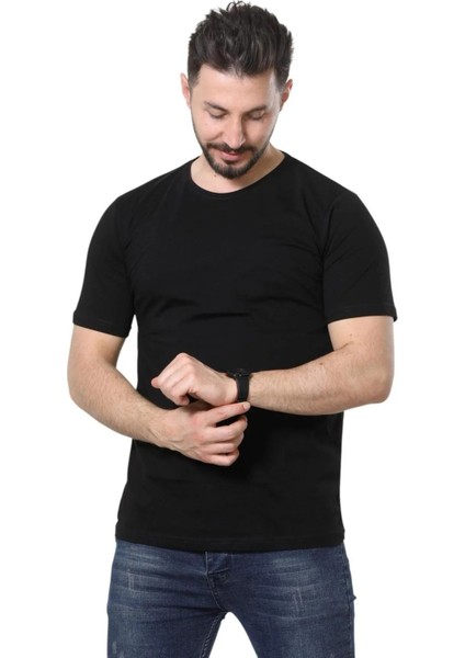 Slim Fit Bisiklet Yaka Siyah Basic Düz Kısa Kollu Tişört