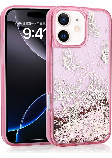 Apple iPhone 12 Uyumlu Kılıf Sıvılı Simli Kelebek Baskılı Şeffaf Arka Yüzey Tuva Glis Silikon Kapak-Pembe