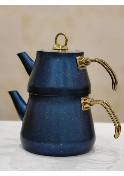 Granit Kaplama Gold Kulplu Cam Kapak Çaydanlık Mavi