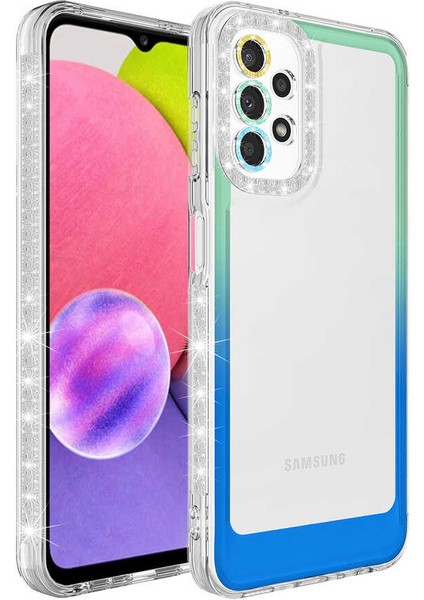 Samsung Galaxy A73 Kılıf Simli ve Renk Geçiş Tasarımlı Lens Korumalı Uzrm Park Kapak-Yeşil-Mavi
