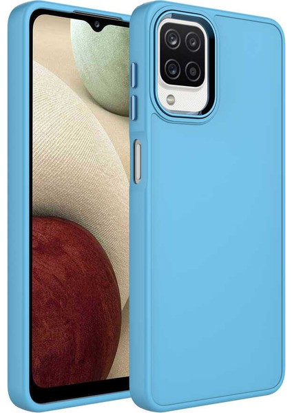 Samsung Galaxy A12 Kılıf Metal Çerçeve ve Buton Tasarımlı Silikon Uzrm Luna Kapak-Sierra Mavi