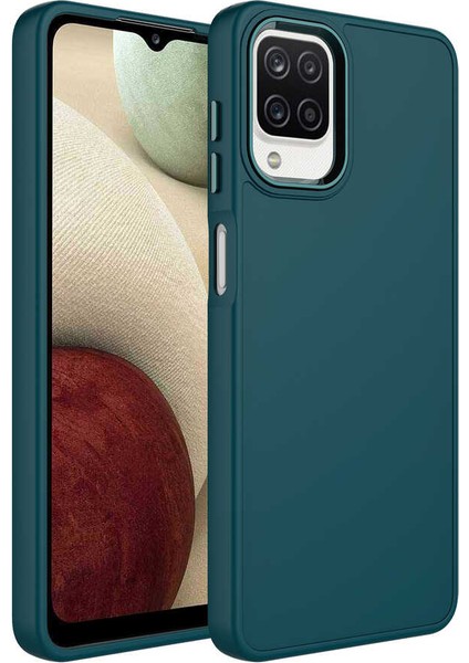 Samsung Galaxy M12 Kılıf Metal Çerçeve ve Buton Tasarımlı Silikon Uzrm Luna Kapak-Koyu Yeşil