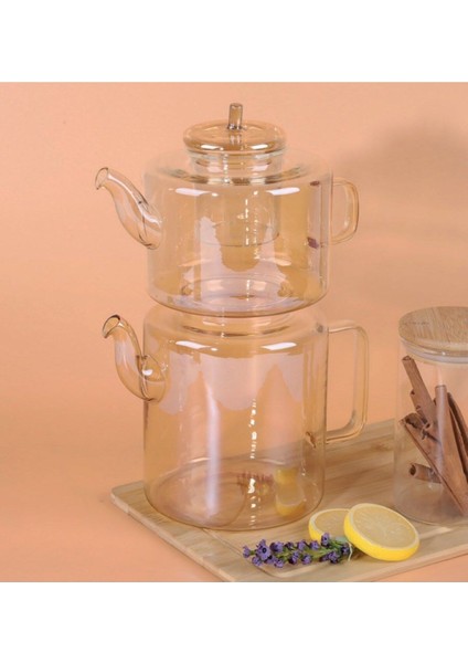 Very Borosilikat Cam Çaydanlık Seti M - 09 ''1100 ML - 1800 Ml'' Şeffaf/kahve
