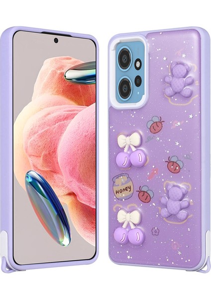 Xiaomi Redmi Note 12 4g Kılıf Parlayan Sıvılı Simli Kabartma Figürlü Uzrm Cevze Kapak-Mor Ayı