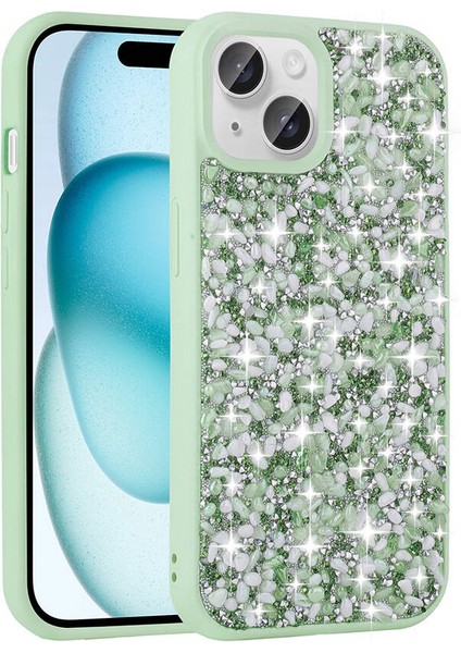 Apple iPhone 15 Plus Kılıf Parlak Taşlı Tasarım Tuva Linea Kapak-Açık Yeşil