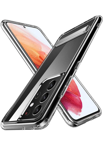 Samsung Galaxy S21 Ultra Kılıf Standlı Şeffaf Silikon Uzrm L-Stand Kapak-Renksiz