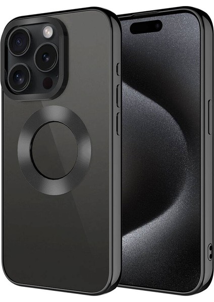 Apple iPhone 15 Pro Max Uyumlu Tek Kamera Çerçeveli Logo Gösteren Uzrm Omega Kapak-Siyah