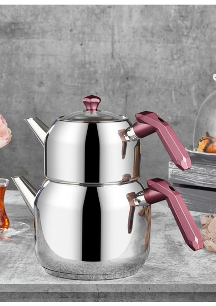 Bordo 1,3L Büyük Çelik Çaydanlık, Opal Bakalit Kulplu, Şık ve Dayanıklı Tasarım