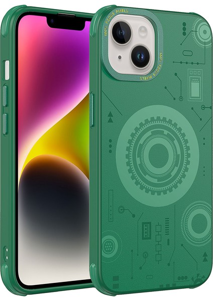 Apple iPhone 14 Plus Uyumlu Tuva Wireless Şarj Özellikli Desenli Hot Kapak-Koyu Yeşil