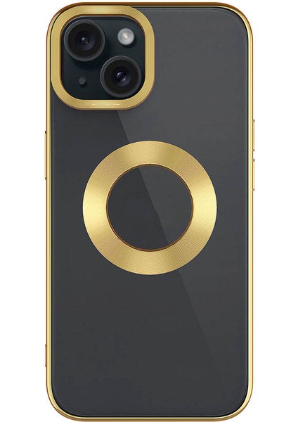 Apple iPhone 15 Plus Kılıf Tek Kamera Çerçeveli Logo Gösteren Tuva Omega Kapak-Gold