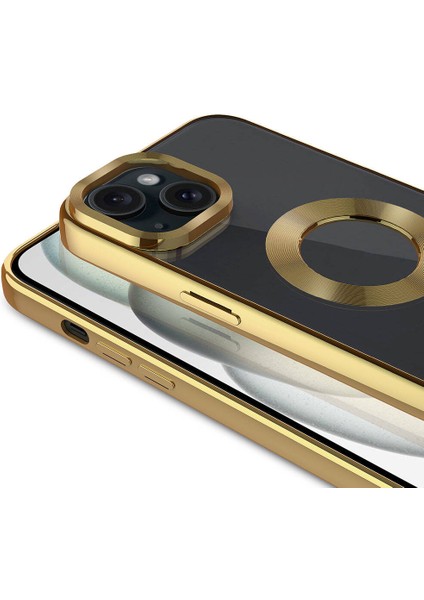 Apple iPhone 15 Plus Kılıf Tek Kamera Çerçeveli Logo Gösteren Tuva Omega Kapak-Gold