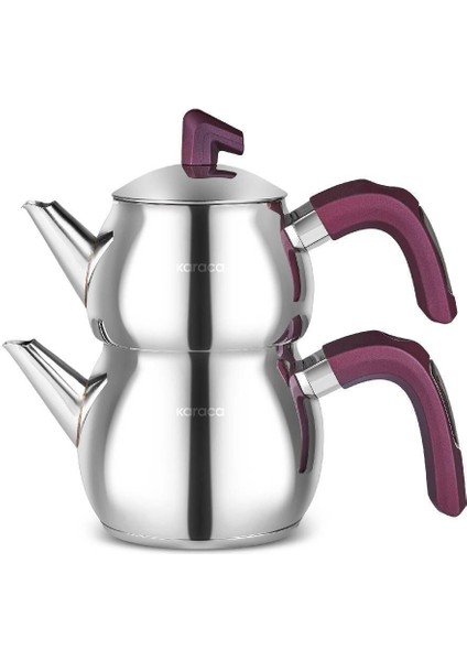 Mini mor renkli indüksiyon tabanlı paslanmaz çeydanlık seti, şık ve kullanışlıdır.