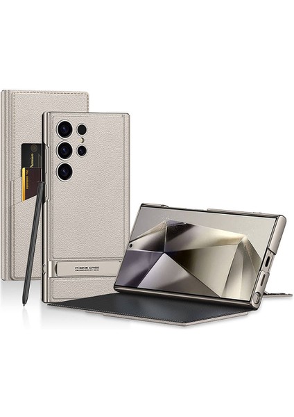 Galaxy S24 Ultra Kılıf Kamera Korumalı Suni Deri Tasarım Uzrm Droga Standlı Kartlıklı Kapaklı Kılıf-