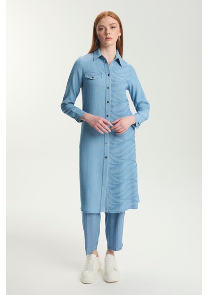 Desenli Uzun Denim Tunik 1556