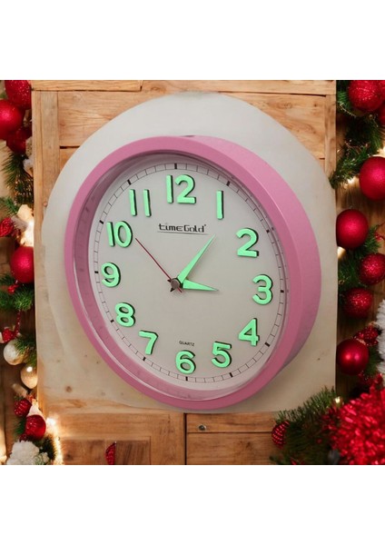 Fosforlu 3D Kabartma Rakam Kız Çocuk Odası Mini Küçük Duvar Saati Çap 22 cm Pembe