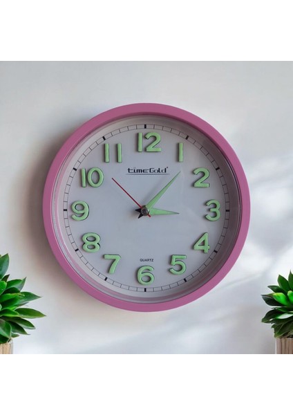 Fosforlu 3D Kabartma Rakam Kız Çocuk Odası Mini Küçük Duvar Saati Çap 22 cm Pembe