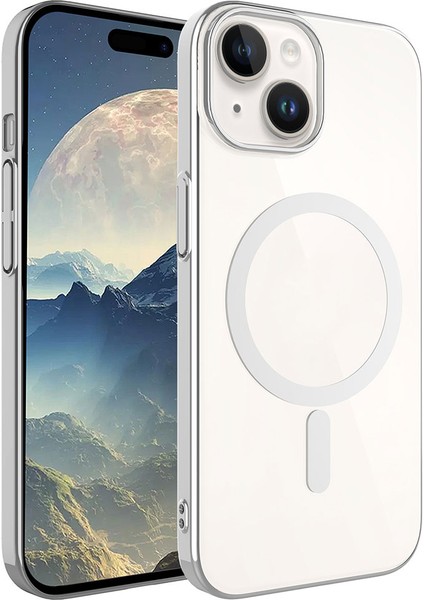 Apple iPhone 15 Plus Kılıf Uzrm Wireless Şarj Özellikli Pixel Magsafe Kapak-Gümüş