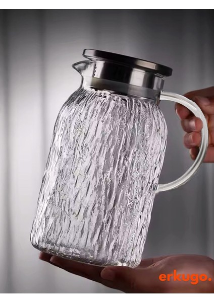 İçecekler için dayanıklı borosilikat cam sürahi, 1,5 L, çelik kapak, vakumlu, ocakta kullanılır