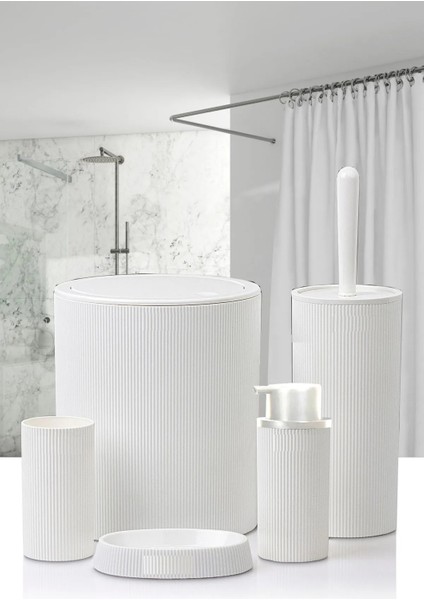 Medka 5 Parça Lüx Banyo Seti - Dekoratif Yuvarlak Pratik Kapak Çöp Kovası Diş Fırçalık Sabunluk Fırça Seti