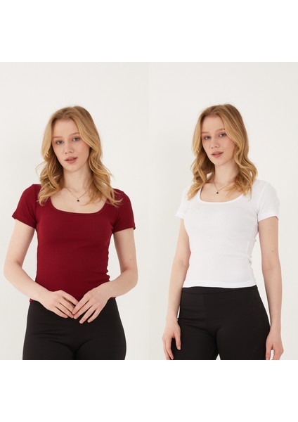 Kadın 2'li Adet Kısa Kollu Fitilli U Yaka Pamuklu Örme Kaşkorse T-Shirt Bluz