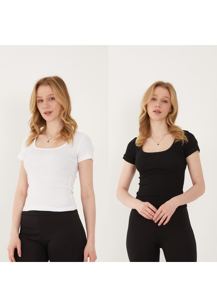 Kadın 2'li Adet Kısa Kollu Fitilli U Yaka Pamuklu Örme Kaşkorse T-Shirt Bluz