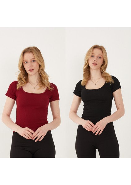 Kadın 2'li Adet Kısa Kollu Fitilli U Yaka Pamuklu Örme Kaşkorse T-Shirt Bluz