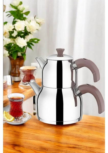 Paslanmaz Çelik Çaydanlık Takımı, 2.5L, Rose Kulp, Modern ve Şık Tasarım