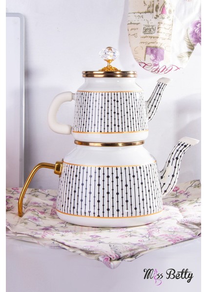 Vintage damla desen emaye çaydanlık, 1,15 lt, şık ve dayanıklı beyaz tasarım
