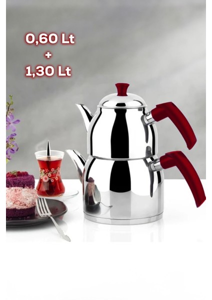 Firuze Mini Boy Paslanmaz Çelik Indüksiyon Taban Soft Kulp Çaydanlık Takımı 0,6 + 1,3 L Kırmızı