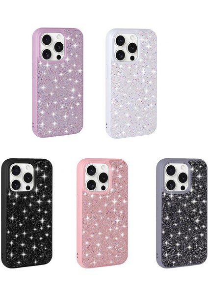 Apple iPhone 15 Pro Kılıf Parlak Taşlı Tasarım Tuva Pırlanta Kapak-Pembe