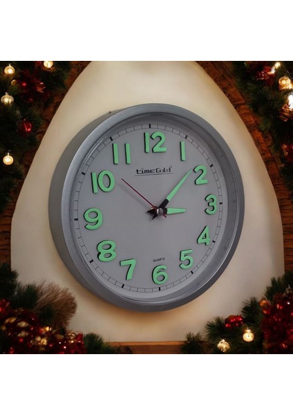 Fosforlu 3D Kabartma Rakam Mini Küçük Saat Duvar Saati Çap 22 cm Gümüş