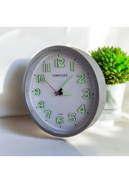 Fosforlu 3D Kabartma Rakam Mini Küçük Saat Duvar Saati Çap 22 cm Gümüş