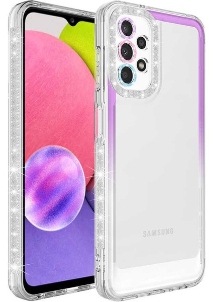 Samsung Galaxy A52 Kılıf Simli ve Renk Geçiş Tasarımlı Lens Korumalı Uzrm Park Kapak-Mor-Beyaz