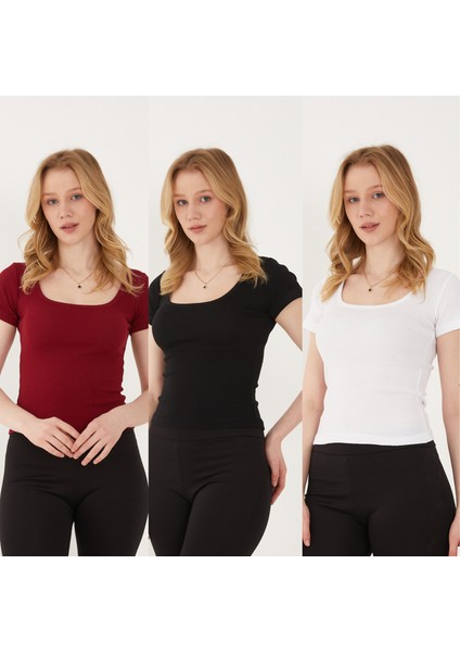 Kadın 3'lü Adet Kısa Kollu Fitilli U Yaka Pamuklu Örme Kaşkorse T-Shirt Bluz Body