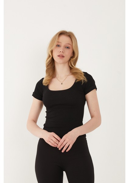 Kadın 3'lü Adet Kısa Kollu Fitilli U Yaka Pamuklu Örme Kaşkorse T-Shirt Bluz Body