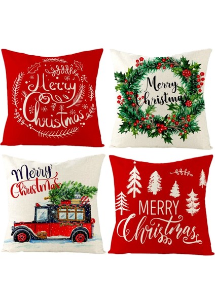 Yılbaşı Desenli 4'lü Yastık Kırlent Kılıfı Noel (Merry Christmas)