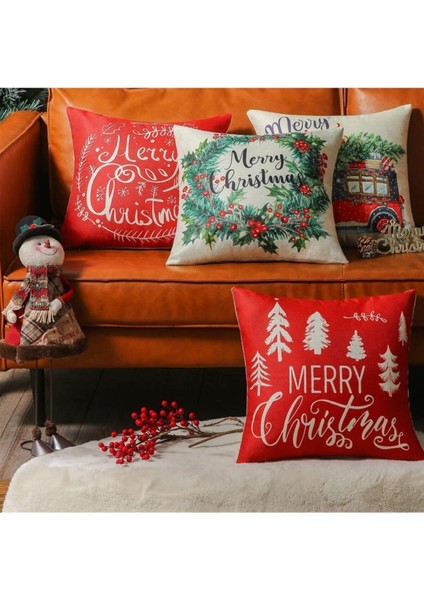 Yılbaşı Desenli 4'lü Yastık Kırlent Kılıfı Noel (Merry Christmas) modelleri
