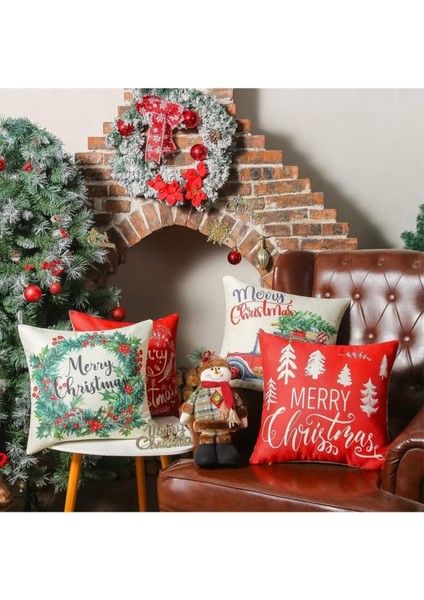 Yılbaşı Desenli 4'lü Yastık Kırlent Kılıfı Noel (Merry Christmas) fırsatları