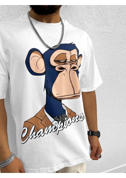 Champions Baskılı Oversize T-Shirt Beyaz