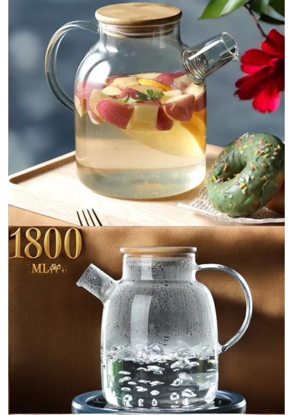 Ateşe Dayanıklı Borosilikat Cam Bambu Kapaklı Bitki Çayı Demliği & Sürahi 1800 ml