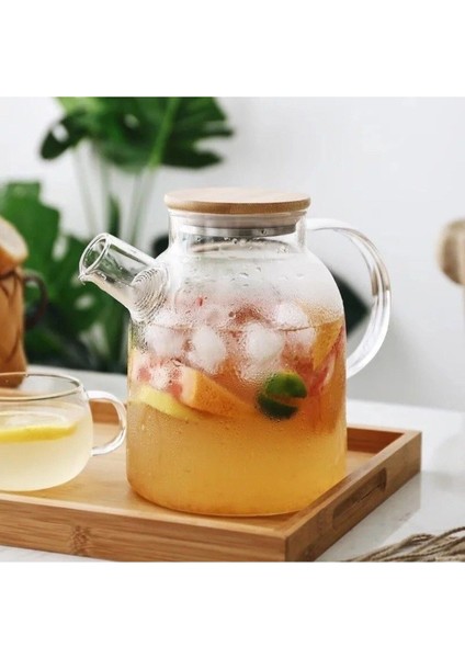 Ateşe Dayanıklı Borosilikat Cam Bambu Kapaklı Bitki Çayı Demliği & Sürahi 1800 ml